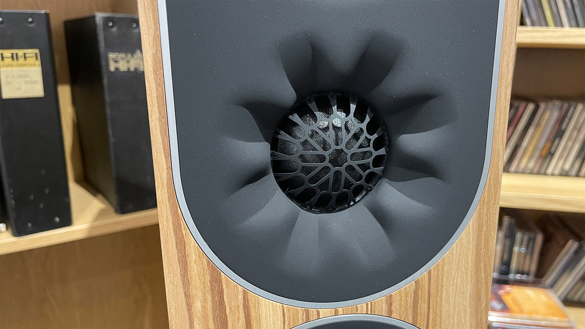 PMC Prophecy 7 floorstanding speakers close up on 'petal'-shaped mid unit