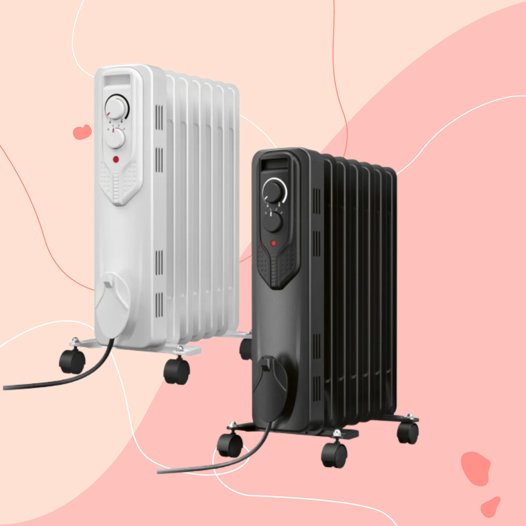 two Lidl oil-filled radiators on a pink background
