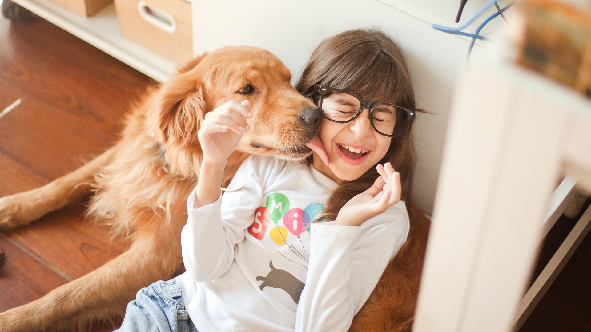 Golden retriever licking happy child's face