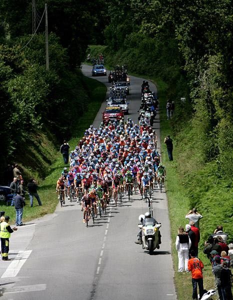 The peloton in full flight as they chase down the days break away.