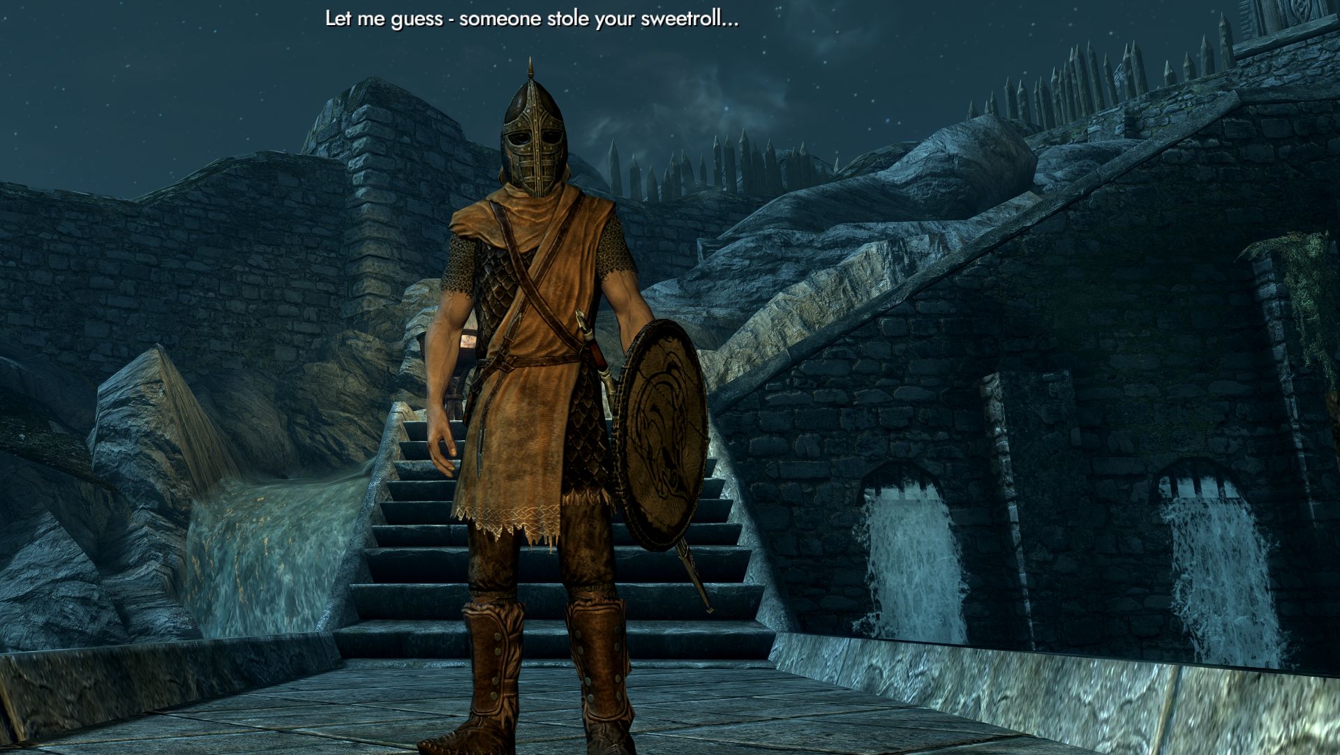 A Whiterun guard says, "Let me guess - someone stole your sweetroll..." in a subtitle above his head