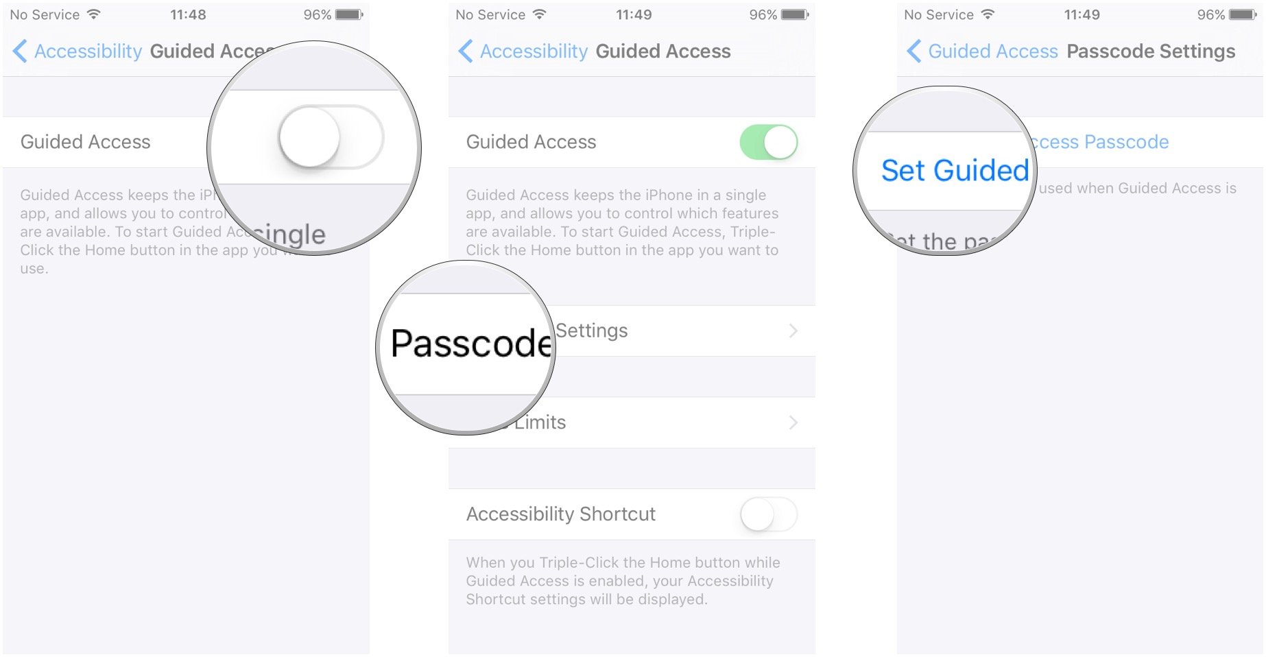 Tap the switch to turn on Guided Access, tap Passcode Settings, tap Set Guided Access Passcode, set a passcode