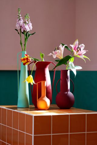 Colorful vases with tulips inside them