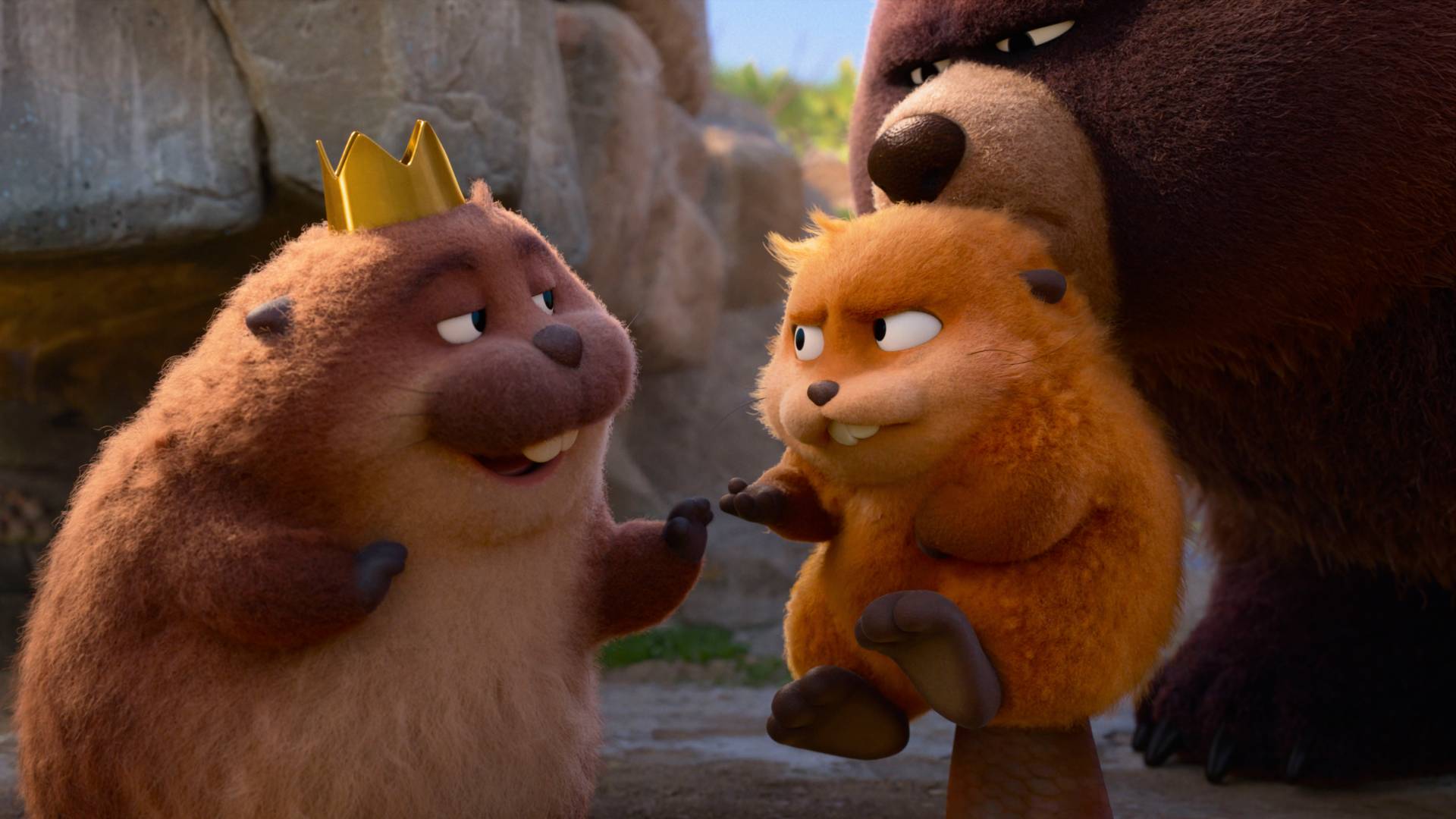 Mabel, King George, and a bear in Pixar's Hoppers