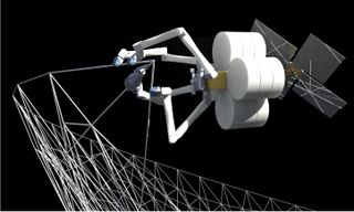 Tethers Unlimited envisions using spider-like robots (seen here in an artist's concept) to assemble huge structures in space.