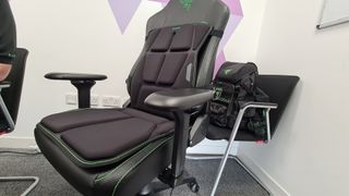 Razer&#039;s Freya haptic cushion on a gaming chair.