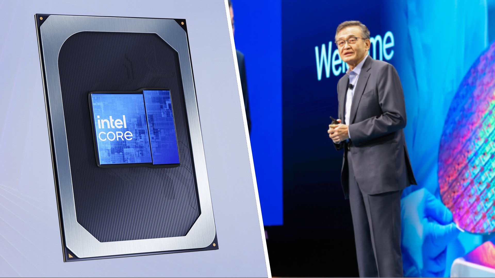 Intel CEO Lip-Bu Tan and an Intel chip with a white diagonal line dividing the two