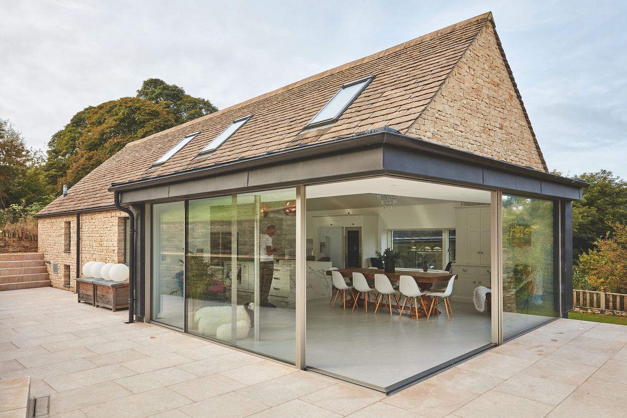 open plan kitchen dining view through sliding doors