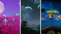 Split image showing three cozy space games: Astroneer, Lightyear Frontier, and Star Trucker