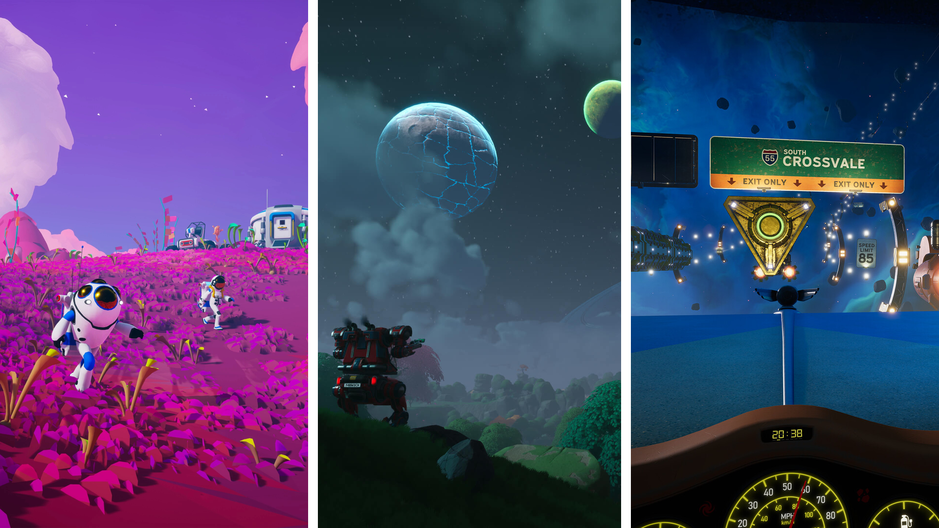 Split image showing three cozy space games: Astroneer, Lightyear Frontier, and Star Trucker