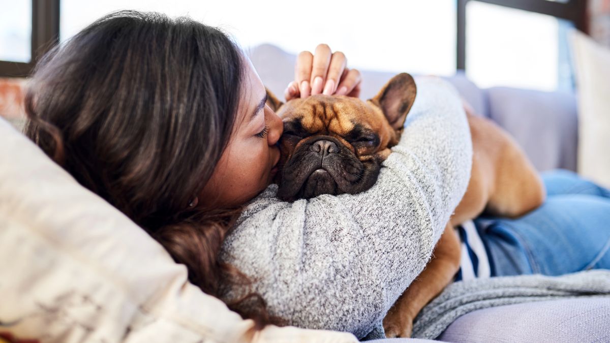 Woman and dog cuddling on couch