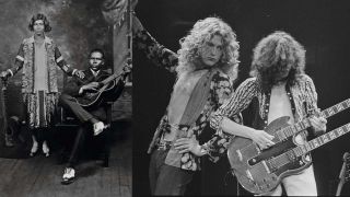 Memphis Minnie & Kansas Joe McCoy posing for the camera, Led Zepopekin's Robert Plant and Jimmy Page onstage