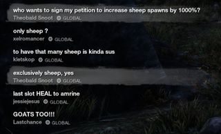 A chat log: "Who wants to sign my petition to increase sheep spawns by 1000%?"