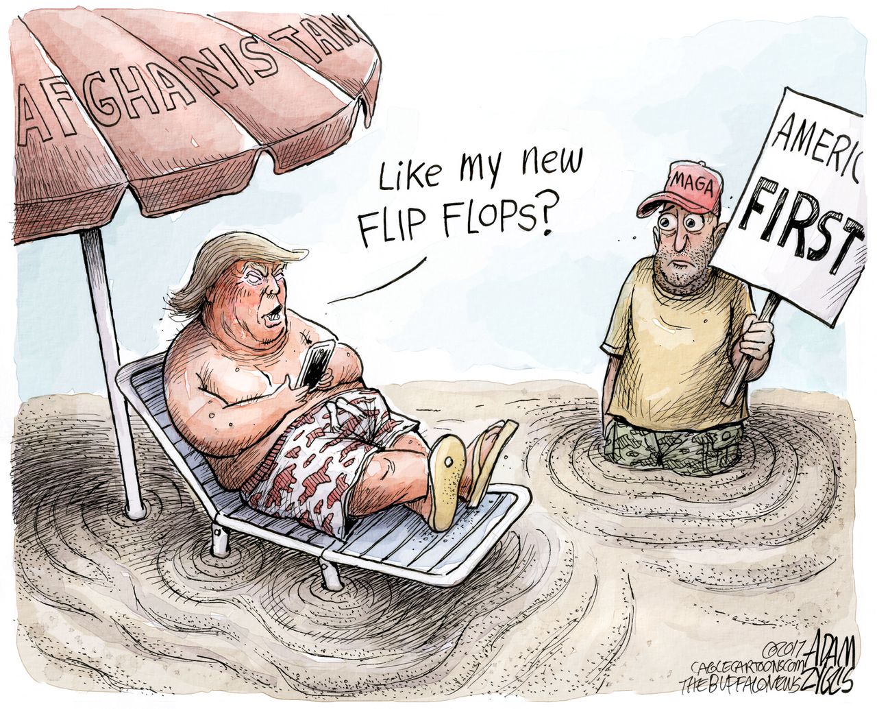 Political cartoon U.S. Trump vacation Aghanistan war America First MAGA&amp;amp;nbsp;Trump voters