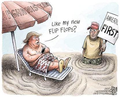 Political cartoon U.S. Trump vacation Aghanistan war America First MAGA&nbsp;Trump voters