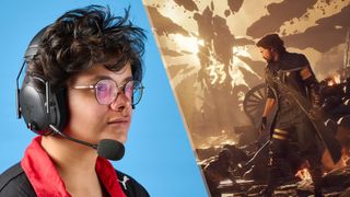 A side-by-side image of a person wearing a Razer BlackShark V3 Pro gaming headset and a still from Expedition 33