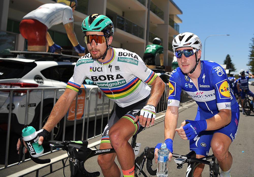Peter Sagan and Elia Viviani are pictured after stage three of the 2018 Tour Down Under