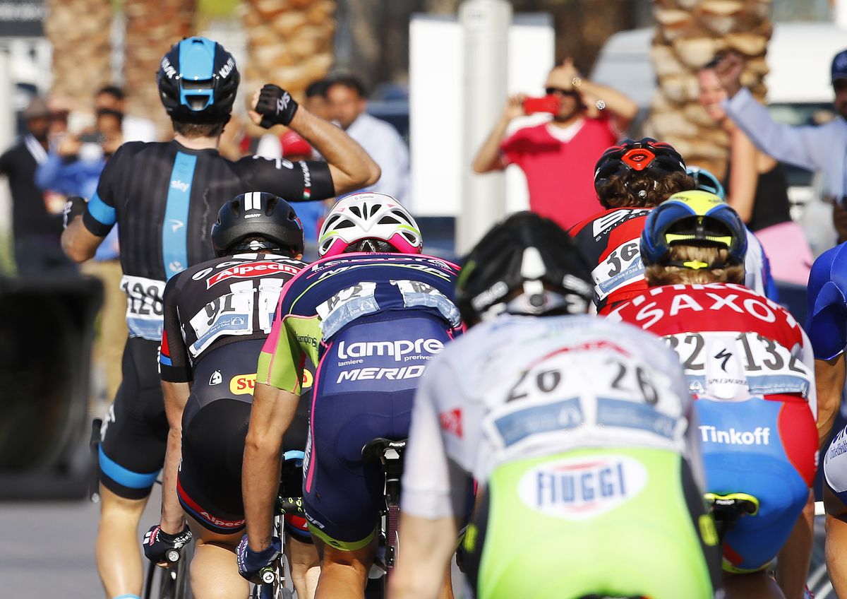 Elia Viviani celebrates his victory