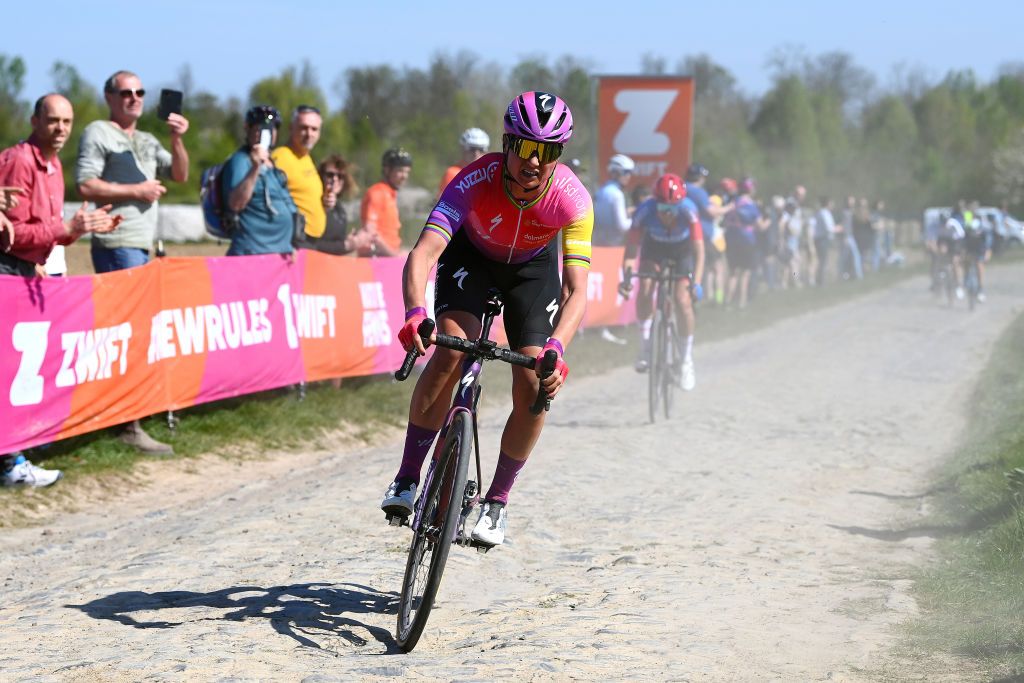 ROUBAIX FRANCE APRIL 16 Chantal Van Den Broek Blaak of Netherlands and Team SD Worx competes passing through a cobblestones sector during the 2nd ParisRoubaix 2022 Womens Elite a 1247km one day race from Denain to Roubaix ParisRoubaixFemmes ParisRoubaix on April 16 2022 in Roubaix France Photo by Tim de WaeleGetty Images