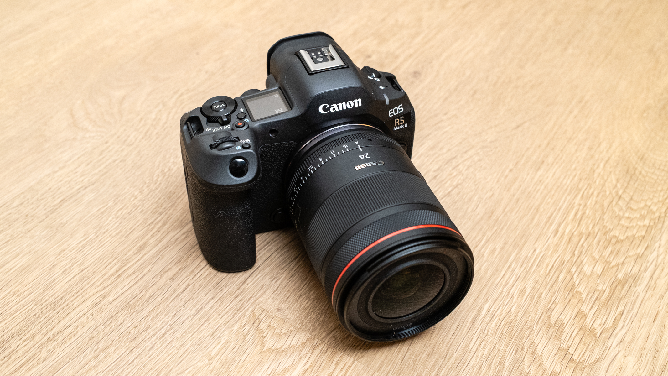 Canon EOS R5 Mark II top view with RF 24mm f/1.4L lens attached