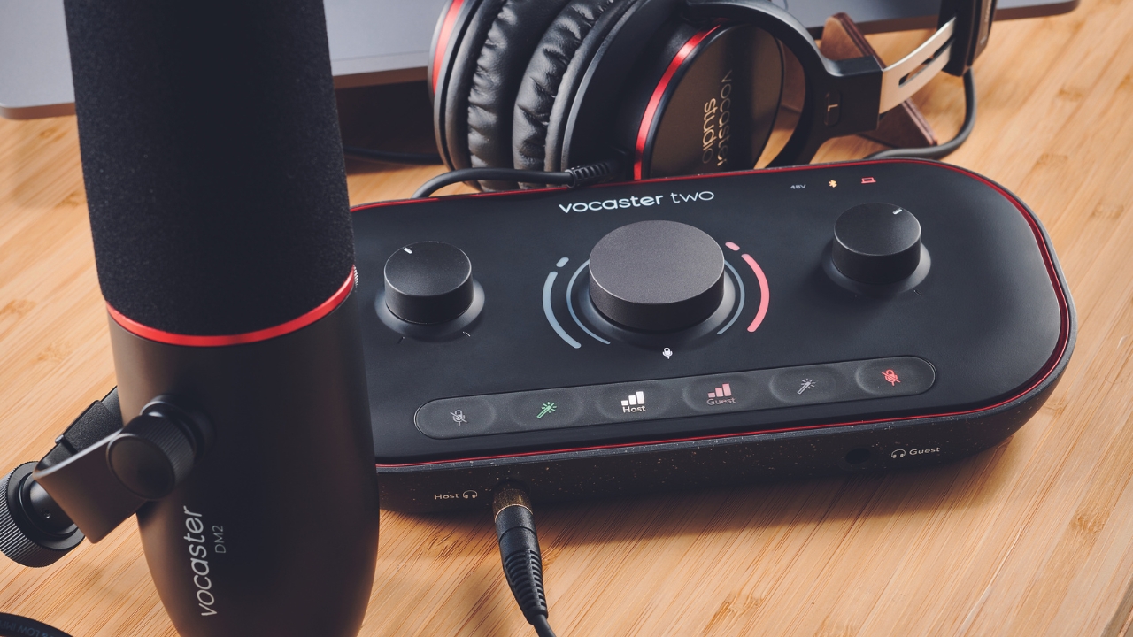 A Focusrite Vocaster Two with microphone and headphones