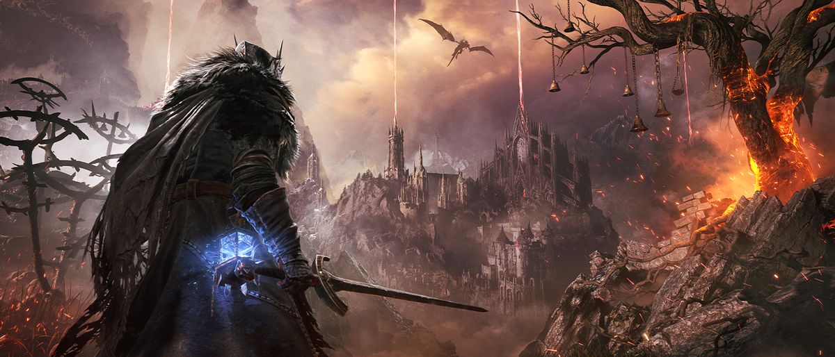 Lords of the fallen review; a knight looks out over a burning landscape