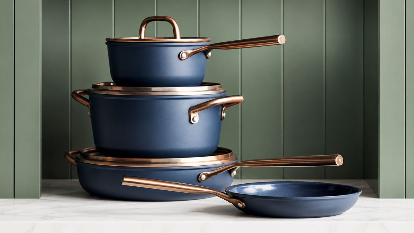 A stack of blue pans with brass effect handles and lid rims, on a marble kitchen counter with green background. 