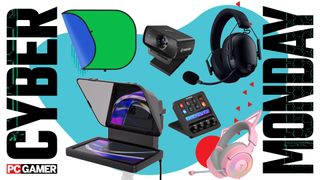 Various bits of streaming equipment, such as a green screen, teleprompter, and a webcam, float in the funky Cyber Monday deal void.