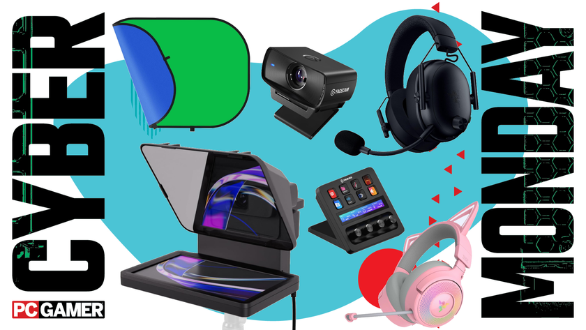 Various bits of streaming equipment, such as a green screen, teleprompter, and a webcam, float in the funky Cyber Monday deal void.