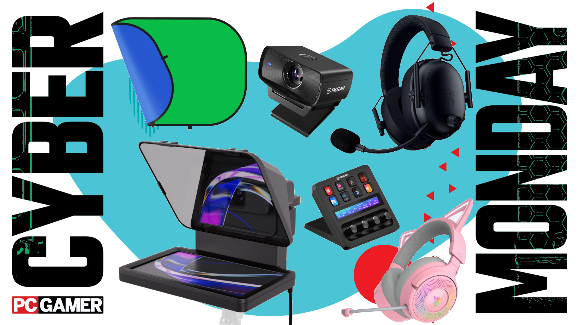 Various bits of streaming equipment, such as a green screen, teleprompter, and a webcam, float in the funky Cyber Monday deal void.