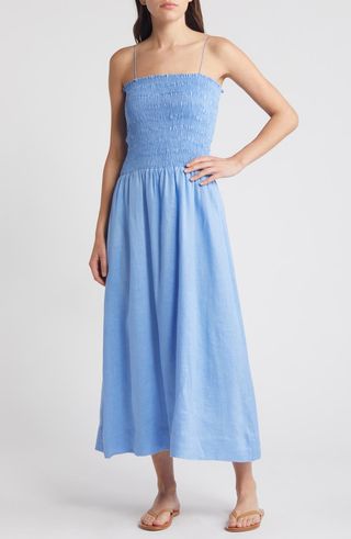 Geriba Spaghetti Strap Smocked Linen Midi Sundress