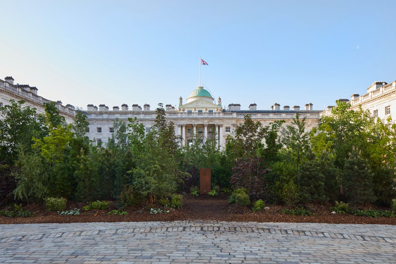 Forest installation by Es Devlin with Somerset House architecture in the backdrop