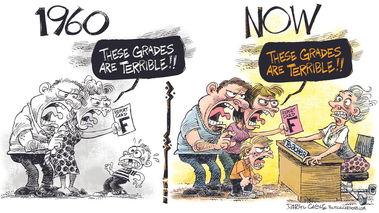 Editorial cartoon U.S. education grades teachers parents school