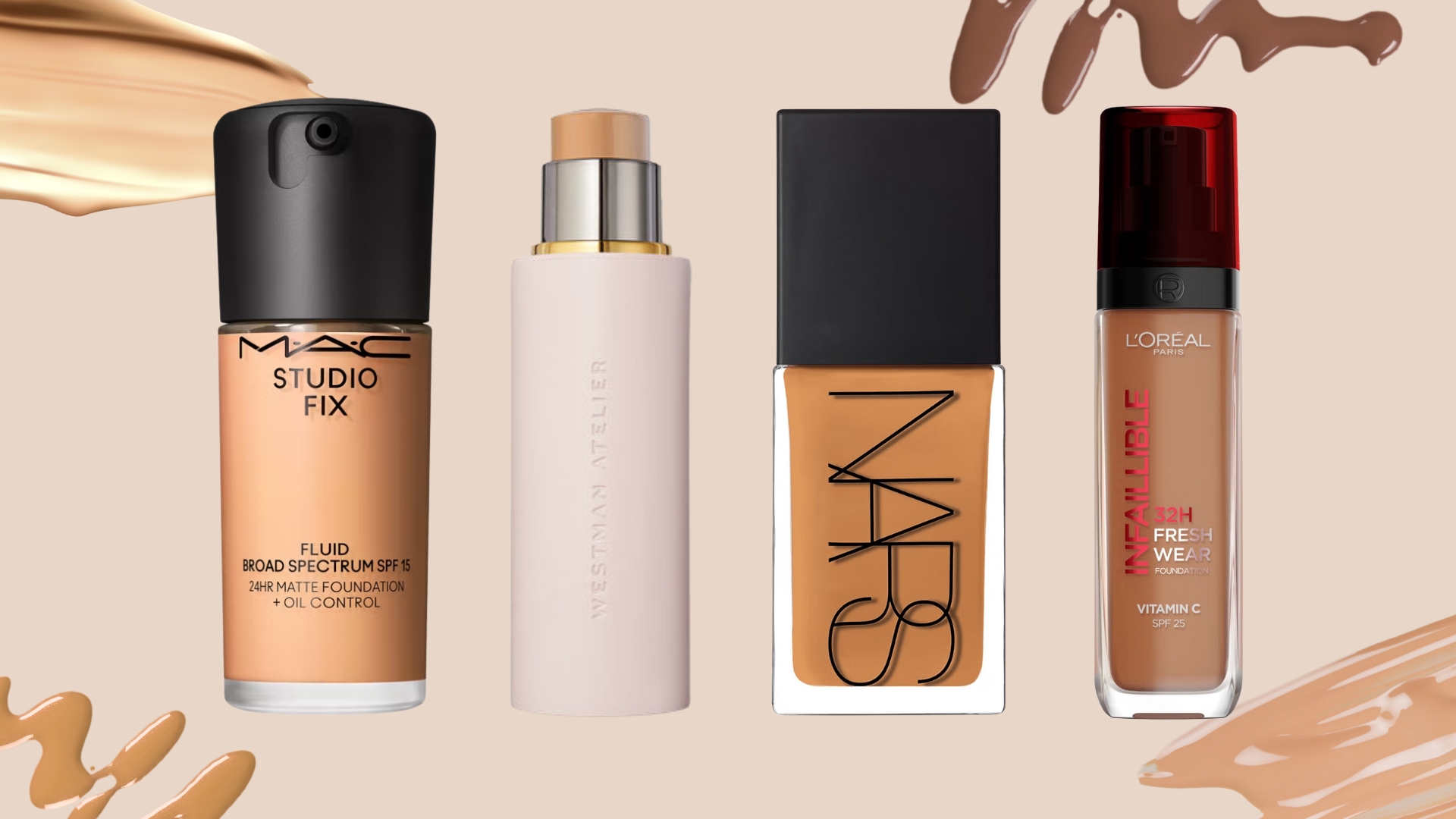 Lineup of full coverage foundations (L-R) MAC Studio Fix Foundation, Westman Atelier Vital Skin Foundation Stick, NARS Light Reflecting Foundation and L'Oreal Infallible 32h Freshwear Liquid Foundation, on a beige background with foundation swatches