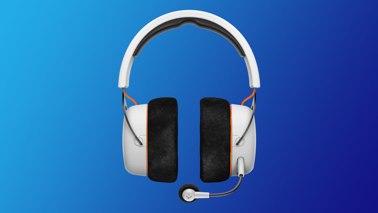 The Beyerdynamic MMX 150 gaming headset in white on a blue background