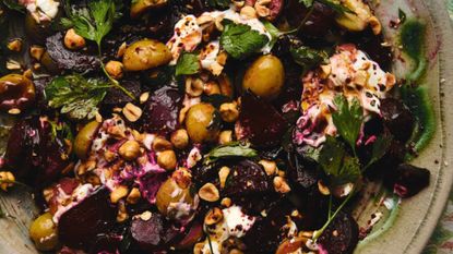 Beetroot with olives, toasted hazelnuts and pul biber oil