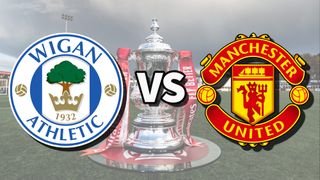 Wigan and Man Utd football club logos over an image of the FA Cup Trophy