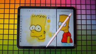 iPad 2022 using Split View to show a sketching app with a poorly drawn Bart Simpson and a Safari tab open on a picture of Bart Simpson