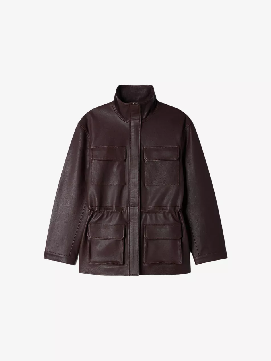 High-Neck Four-Pocket Leather Jacket - 6