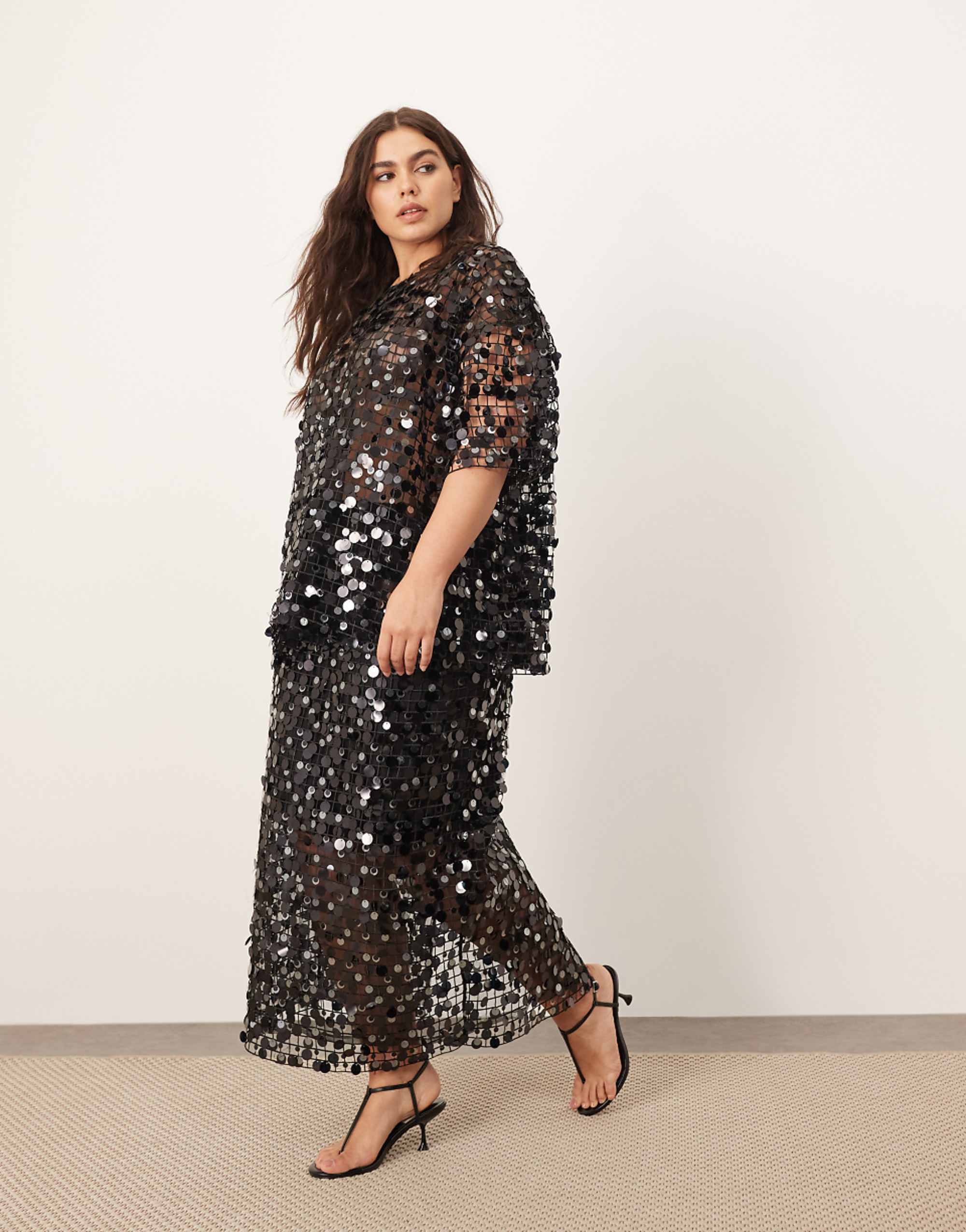 Arrange Curve Sheer Grid Sequin Maxi Skirt Co Ord in Black