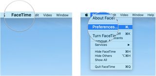 Choose call origin ID, showing how to click FaceTime in the Menu bar, then click Preferences