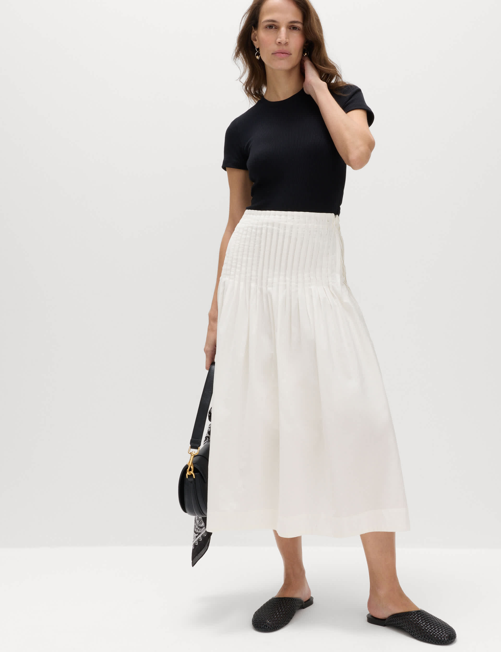 Pure Cotton Pleated Midi A-Line Skirt