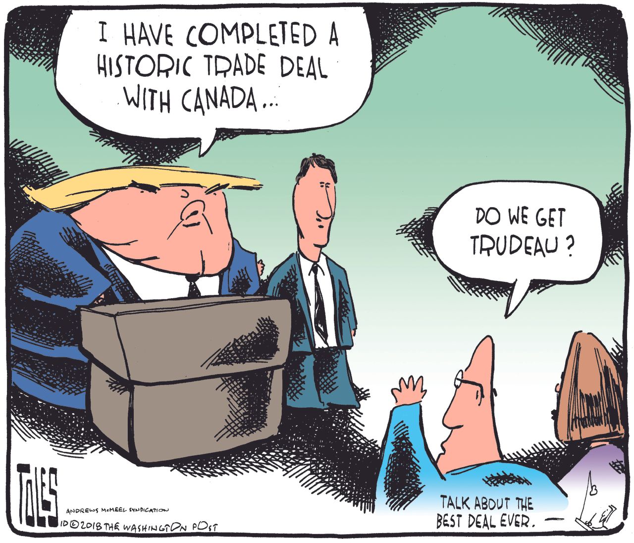 Political cartoon U.S. Trump trade deal NAFTA USMCA Justin Trudeau