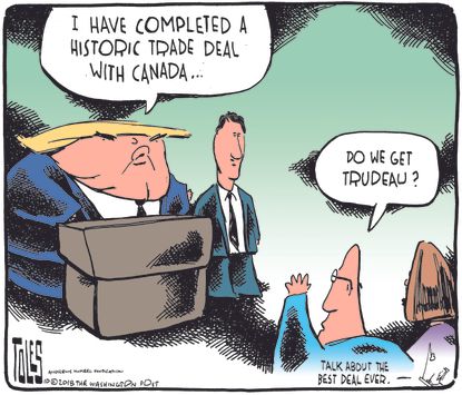 Political cartoon U.S. Trump trade deal NAFTA USMCA Justin Trudeau