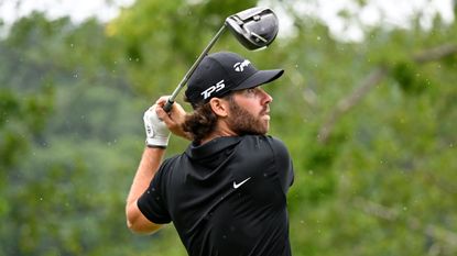 A close-up of Matthew Wolff swinging his TaylorMade driver during day three of the LIV Golf Invitational - Greenbrier at The Old White Course on August 06, 2023