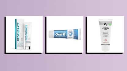three of the best toothpastes on purple background 