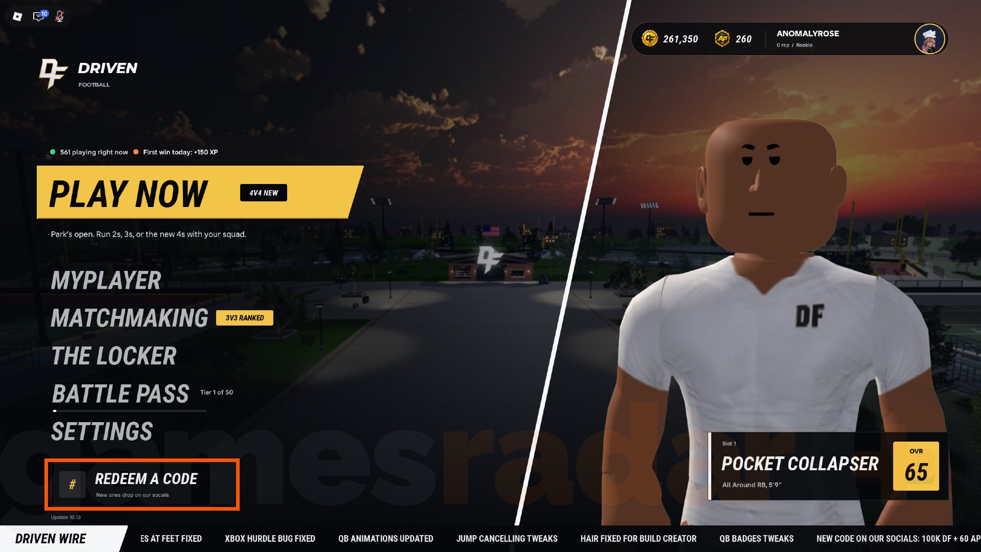 An orange box highlights the Driven Football codes redemption button from the main menu.