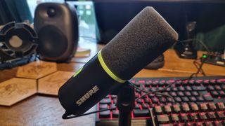 The Shure MV6 USB Gaming Microphone, on a desk