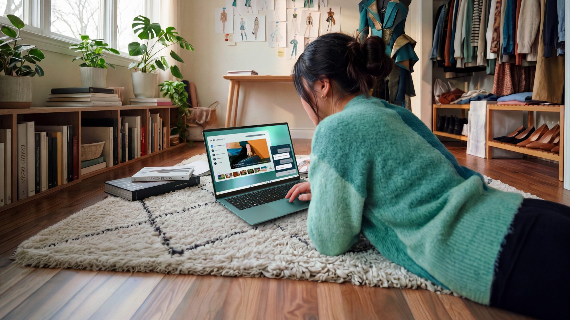 A woman lying on a rug in a modern room using a teal Dell 14S laptop running Windows 11.