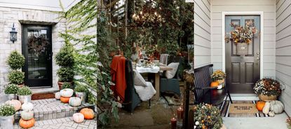 Three examples of outdoor fall decor ideas.